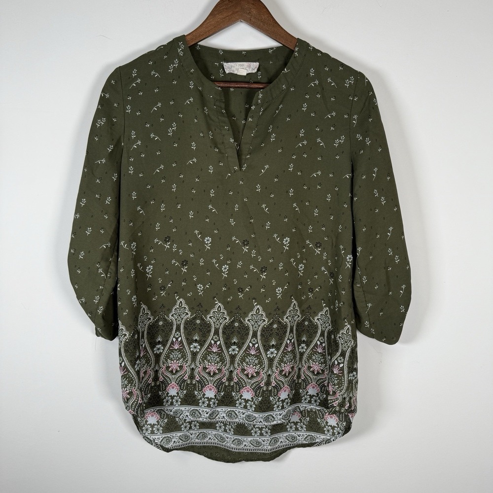 Pink Republic Women's Shirt Size Small Flower Paisley Green 3/4 Sleeve